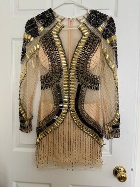 Va Va Voom Nude Mesh Mini Dress with Gold & Black Beading